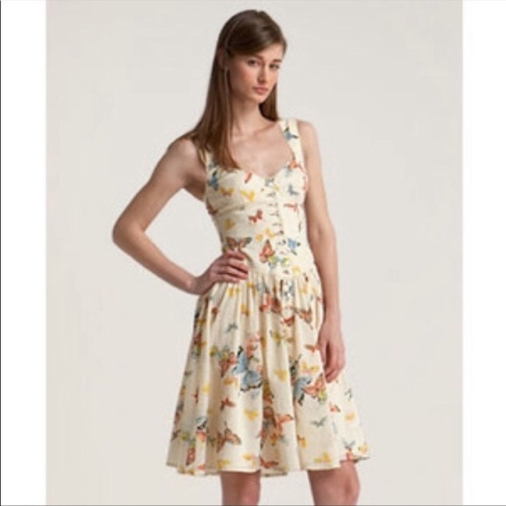 Nanette Lepore Cream French Peasant Butterfly Print Cotton A-Line Dress Size 4